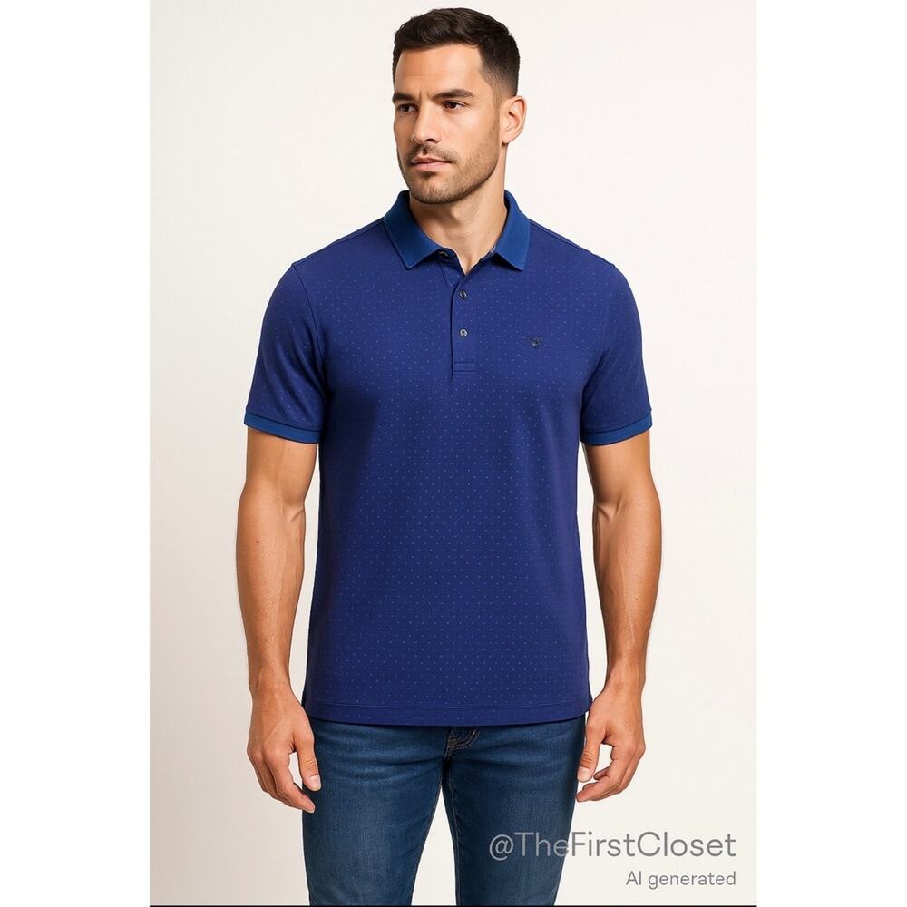 Buttercloth Men's Blue Dotted Polo Shirt Size Medium‎ Short Sleeve Cotton